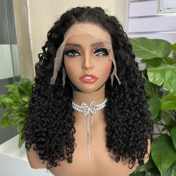 #1b Natural Black Double Drawn Pissy Curly 13x4 Transparent Lace Full Frontal Wig - Image 2